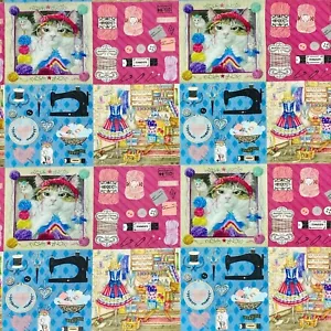 Sewing Cat Hand Knitted Sewing Accessories Sewing Cotton Fabric 1/2 Yard - Picture 1 of 3