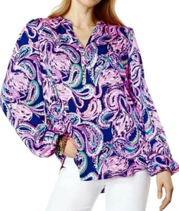 Lilly Pulitzer Marvelle V-Neck Long Sleeve Top Shirt High Tide Navy Flock Size S - Picture 1 of 11