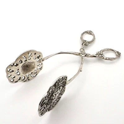 Antique Sterling Silver Angel Cherub Fish Repousse Pastry Sandwich Tongs 1800s - Image 1 of 4