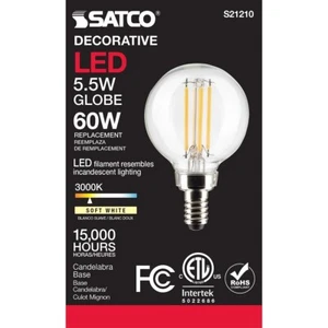SATCO S21210 - 5.5 Watt G16.5 LED Candelabra Bulb - 3000K - 120 Volts (6 Pack) - Picture 1 of 7