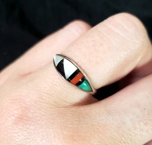 JOHN ROSALIE BOWANNIE JRB ZUNI Sterling Silver Inlay Multi Ring Size 7.5 Vintage - Picture 1 of 7
