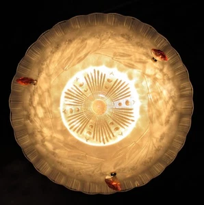 VTG DECO SNOWFLAKE GLASS SHADE 3 CHAIN CHANDELIER FIXTURE W/ PORCELAIN HARDWARE - Picture 1 of 11