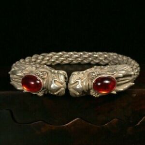 Old Chinese Tibet Silver inlay red gem Handmade Dragon Bracelet