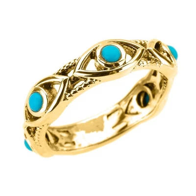 Gold Genuine Turquoise Gemstone Evil Eye Band Ring (Yellow/Rose/White) - Image 1 of 3