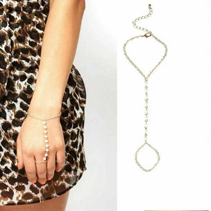 Wedding Faux Link Finger Ring Slave Chain Hand Harness Pearl Bracelet Bangle- - Picture 1 of 5