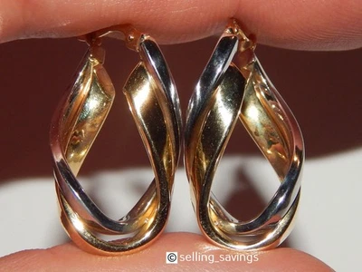 14K YELLOW & WHITE GOLD 1 INCH LONG TWISTED LEVERBACK ELONGATED HOOP EARRINGS - Image 1 of 4