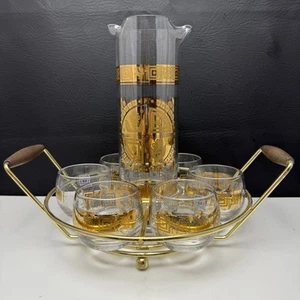 CULVER Coronet Barware Set Gold Pitcher & 6 Roly Polly Glasses w Caddy Vintage - Picture 1 of 12