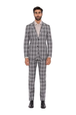 $1800 EIDOS by ISAIA NAPOLI Gray Checks Suit Cotton Wool Silk - Image 1 of 4