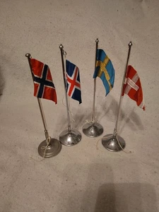 Set Of 4 Table Flags, Norway, Sweden, Denmark, Iceland, Chrome Podiums 8.25 Tall - Picture 1 of 7