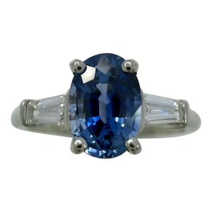 1.42ct Royal Blue Ceylon Sapphire And Diamond Platinum Oval Cut Three StoneRing - Picture 1 of 8