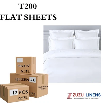 Sábanas planas blancas de hotel T200 a granel | completas/reinas/rey | dobladillos codificados por colores | 6 12 24 Foto 1 de 2