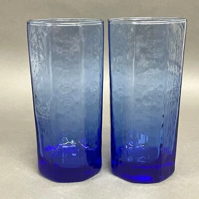 Cobalt Blue Clear Glass Glasses Panels Textured Highball 6 1/8" high Lot of 2 - Image 1 of 4