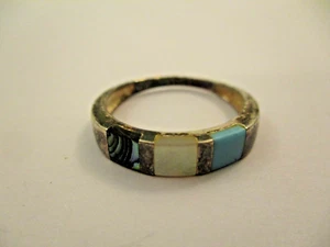 Vintage Sterling Silver Ring Band Turquoise Abalone MOP Inlay Size 8.75 - Picture 1 of 5