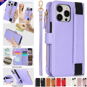 For iPhone 16 15 14 13 12 Pro Max Plus Leather Zip Wallet Case Flip Cover Strap - Picture 1 of 97