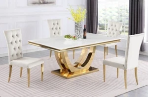5-Pc Dining Set, Golden Frame Marble Top Dining Table, Velvet Tufted Chair, Gray - Picture 1 of 5