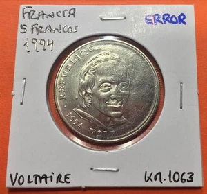 FRANCE @DÉFAUT ERREUR FAUTE@ 5 FRANCS 1994 VOLTARIE COIN KM.1063 FRANCIA FRANCOS - Bild 1 von 3