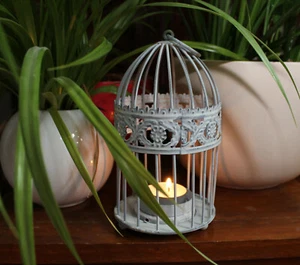 Käfig weiss Shabby 17 cm Metall Vogelkäfig Teelichthalter - Bild 1 von 4