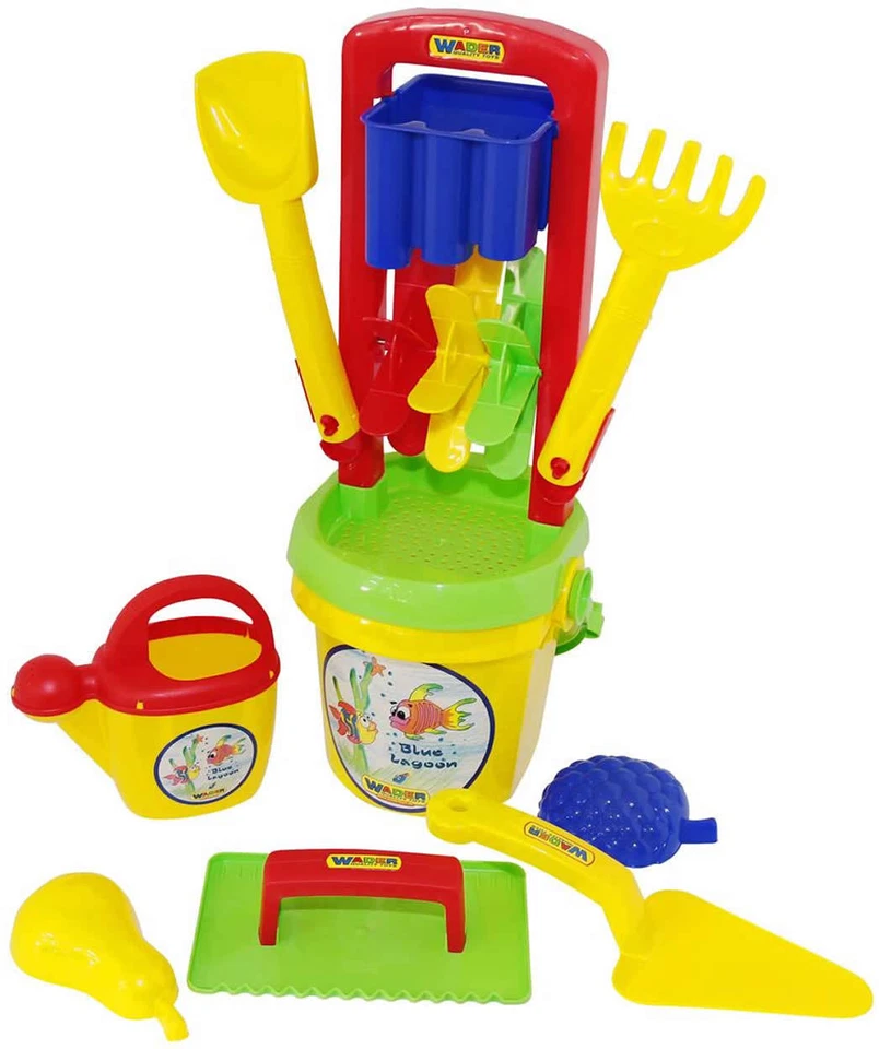 WADER Eimer-Garnitur 10-tlg mit Sandrad Schaufen Rechen Förmchen - Bild 1 von 1