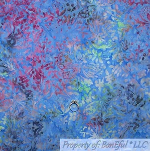 BonEful FABRIC FQ Cotton Quilt VTG Blue Water Color Pink Green BATIK Flower Art  - Picture 1 of 12