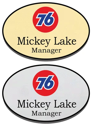 ABC BADGES AND BUTTONS 1 GOLD & 1 SILVER OVAL 76 STATIONS PERSONALIZED NAME BADGES SAFETY PIN FASTENER