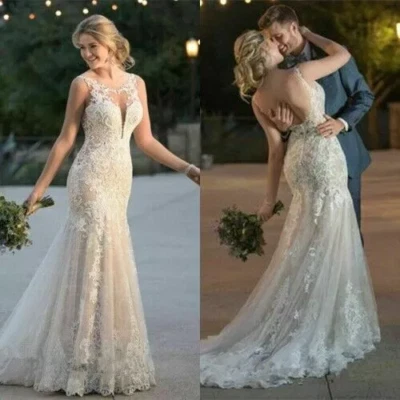 Sexy Vestidos de Novia Sirena Sin Espalda Sin Mangas Encaje Largo Tren Vestidos de Novia Foto 1 de 4