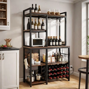 5 Tier Kitchen Bakers with Power Outlets Wine Liquor Storage Home Bar Cabinet - Picture 1 of 10