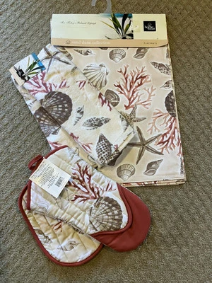 Lot 4 Coastal Sea Shell Placemats 2 Hot Pads & 2 Kitchen Towels Sand/Taupe/Coral - Image 1 of 4