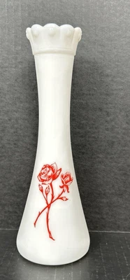 Ваза из белого молочного стекла с бутонами двусторонняя дизайн цветок розы винтажная рифленая губа - Изображение 1 из 4