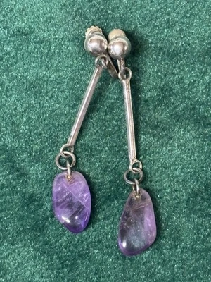 Vintage 1970’s Sterling Dangle earrings W/ Amethyst Rock On The End 2” - Image 1 of 3