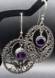 Orecchini a cerchio pendenti in filigrana agata ametista viola argento sterling  - Foto 1 di 8