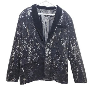 Mens Black Sequin Blazer Jacket Velvet Lapel Size M Fully Single Button Closure - Picture 1 of 8