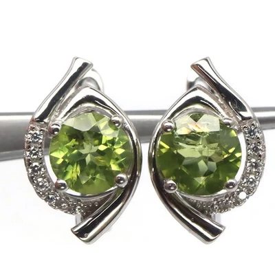 925 Sterling Silver 7 MM. Green Peridot & White Zircon Birthstone Earrings - Image 1 of 4