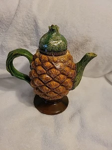 Vintage Whimsical Majolica Pineapple Pitcher Tea Pot Tropical Hawaii Leaf Accent - Picture 1 of 12
