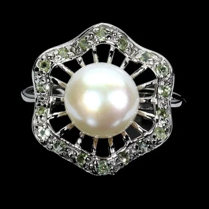 925 Sterling Silver Ring Round Peridot Pearl Natural Gemstone Jewelry Flower Sz - Picture 1 of 13