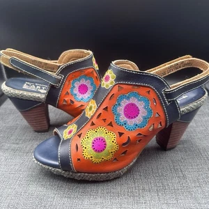 L’Artiste Spring Step Belen Sandals Women 38 US 7.5 Leather Floral Peep Toe Heel - Picture 1 of 15