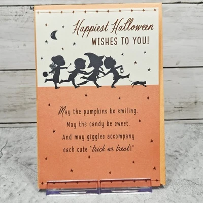 Tarjeta de felicitación deseos de Halloween naranja niños truco o trato sello Foto 1 de 4