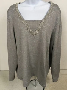 East 5th Sweater Women Size 2X Silver Gray Metallic Pearl Beaded V neckline - Picture 1 of 12