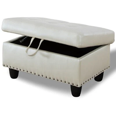Faux Leather Storage Ottoman Bench, Storage Chest, Foot Rest Stool, White - Image 1 of 4