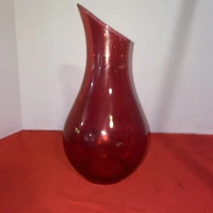 Vintage Stained/Painted Ruby Red Clear Glass Peaked Edge Vase 9.75” Tall - Picture 1 of 8