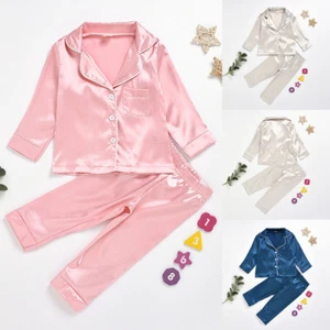 Boys Girls Silk Pyjamas Nightwear Top Pants Pjs Satin Sleepwear Outfits Kids - Picture 1 of 18