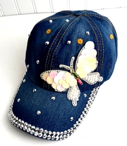 Women's Denim Rhinestone Pearl Studded Bling Butterfly Hat with Adjustable Strap - Picture 1 of 7