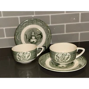 Set of 8 Vintage The Old Curiosity Shop Green Flat Cup & Saucer Set - Picture 1 of 10