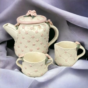 Vintage Lynn Fisher Pottery Teapot Creamer and Sugar with Pink Flowers (Signed) - Imagen 1 de 12