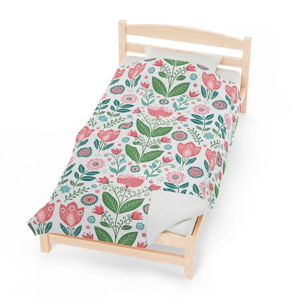 Cozy Nordic Floral Folk Art Velveteen Plush Blanket, Scandinavian Home Decor - Image 1 of 1