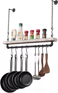 Estante para ollas de madera blanca y metal negro montado en la pared, organizador de utensilios de cocina - Imagen 1 de 7