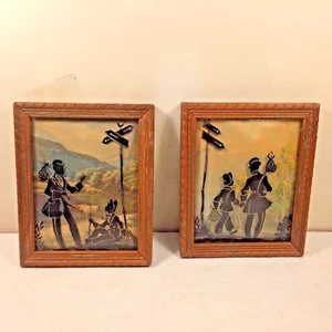 2 Vtg Antique SILHOUETTE Reverse Painted Convex Glass FATHER & CHILD Traveling - Picture 1 of 5