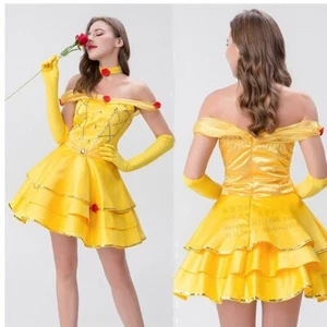 Cosplay Beauty and the Beast Princess Belle Gold Dress Gloves Halloween Suits - Picture 1 of 10