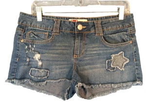 L.E.I. Ashley Lowrise Denim Shorts Blue Cut-off Star Embroidery Distressed SZ 11 - Picture 1 of 8