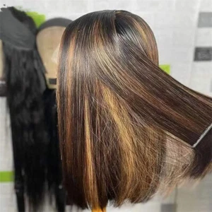 Highlight Straight Bob Wig 4X4 Lace Front Human Hair Wigs For Women Ombre Blond - Picture 1 of 8