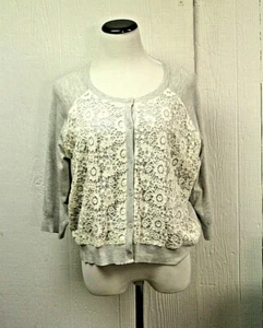 TORRID Heather Grey Ivory Crochet/ Lace 3/4 sleeve cardigan Plus 0 = 12   - Picture 1 of 5
